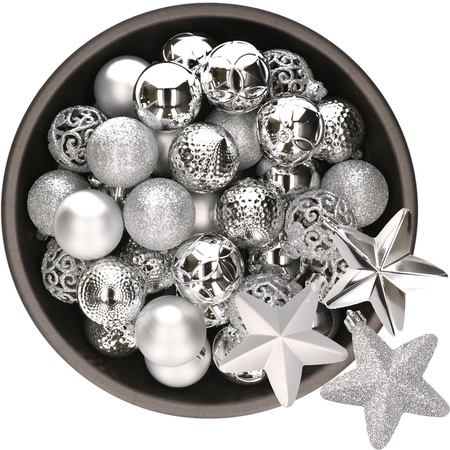 43x stuks kunststof kerstballen en sterren ornamenten zilver