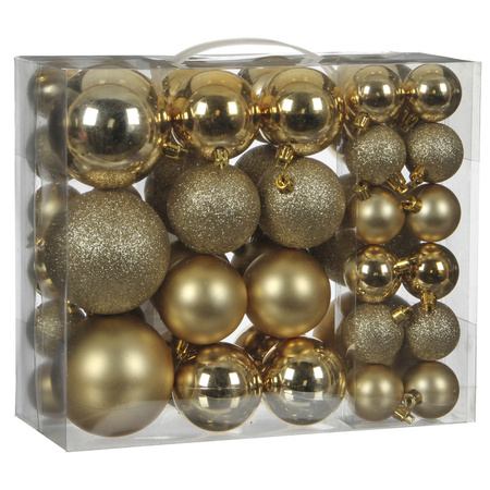46x stuks kunststof kerstballen goud 4, 6 en 8 cm inclusief kerstbalhaakjes