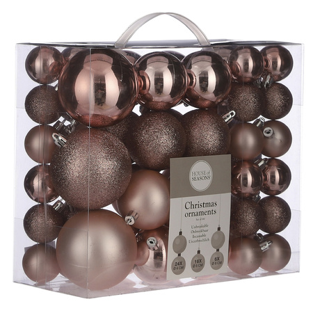 46x stuks kunststof kerstballen roze 4, 6 en 8 cm inclusief kerstbalhaakjes