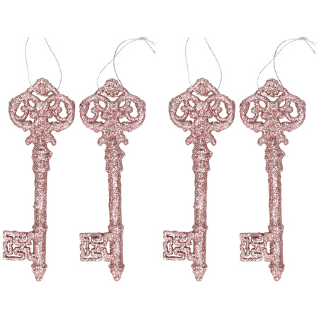 4x Kersthangers oud roze sleutel met glitters 15 cm
