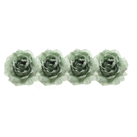 4x Salie groene decoratie bloemen rozen op clip 14 cm