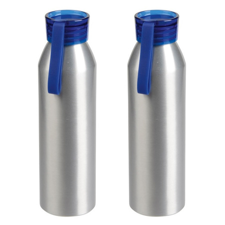 4x Stuks aluminium waterfles/drinkfles zilver met blauwe kunststof schroefdop 650 ml