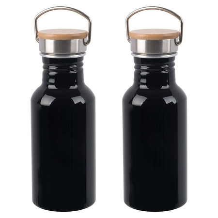 4x Stuks aluminium waterfles/drinkfles zwart met bamboe schroefdop 550 ml