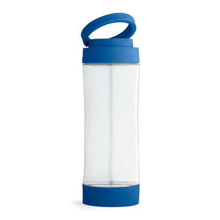 4x Stuks glazen waterfles/drinkfles met blauwe kunststof schroefdop en smartphone houder 390 ml