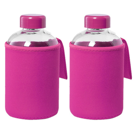 4x stuks glazen waterfles/drinkfles met fuchsia roze softshell bescherm hoes 600 ml