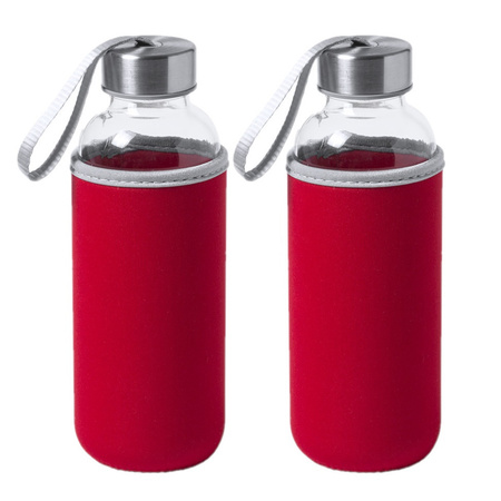 4x Stuks glazen waterfles/drinkfles met rode softshell bescherm hoes 420 ml