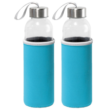 4x Stuks glazen waterfles/drinkfles met turquoise blauwe softshell bescherm hoes 520 ml
