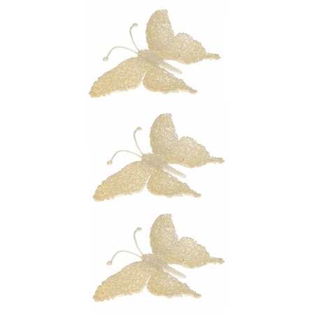 4x stuks kerst decoratie vlinder creme glitter
