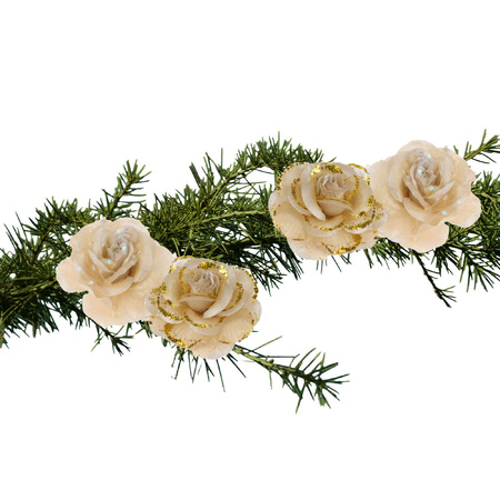 4x stuks kerstboom decoratie bloemen goud op clip 9 cm