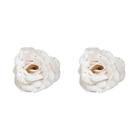 4x stuks witte rozen met glitters op clip 7 cm - kerstversiering