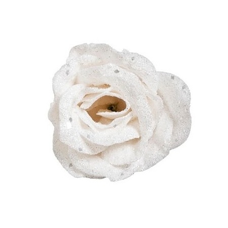 4x stuks witte rozen met glitters op clip 7 cm - kerstversiering