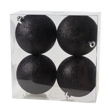 4x Zwarte glitter kerstballen 10 cm kunststof