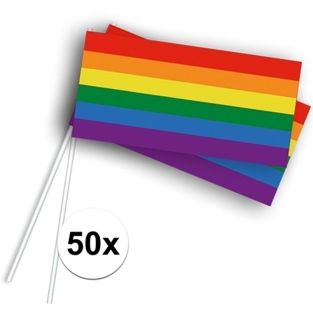 50x Zwaaivlaggetjes/handvlaggetjes met regenboog 12 x 22 cm