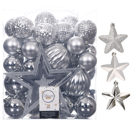 56x stuks kunststof kerstballen en ornamenten met ster piek zilver
