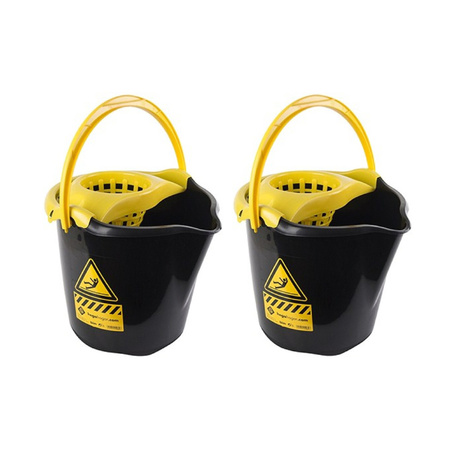 5x Dweilemmers/mopemmers 13,5 liter zwart/geel caution 32 x 30 cm