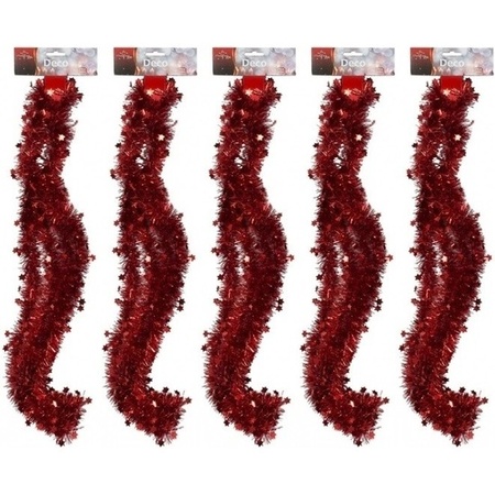 5x Rode tinsel kerstslingers met sterren 270 cm