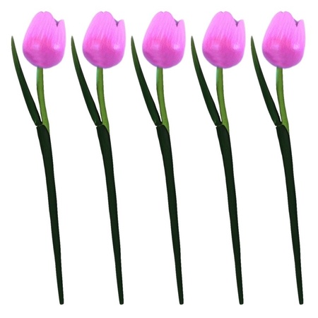 5x Roze houten tulpen 35 cm kunstbloemen
