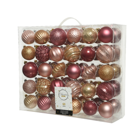 Kunststof kerstballen 60x stuks 6-7 cm met glazen glans piek roze en bruin