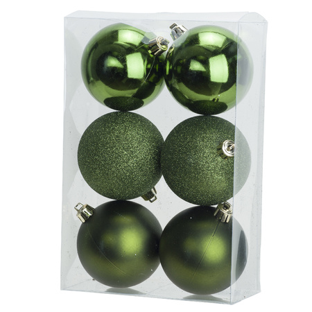 12x stuks kunststof kerstballen mix van appelgroen en donkergroen 8 cm