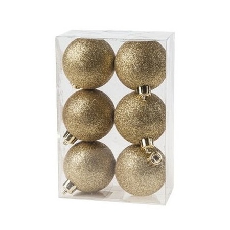 6x Gouden glitter kerstballen 6 cm kunststof
