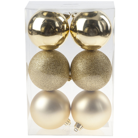 12x stuks kunststof kerstballen mix van goud en koper 8 cm