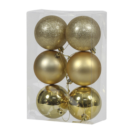 6x Gouden kunststof kerstballen 8 cm glans/mat/glitter