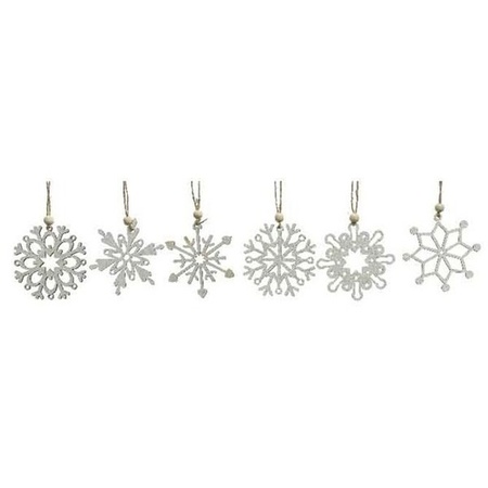 6x Houten sneeuwvlok kersthangers wit 6 cm