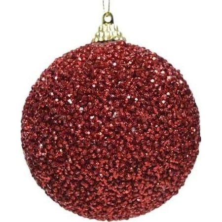 6x Kerst rode glitter kralen kerstballen 8 cm kunststof