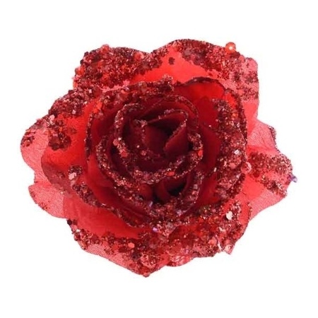 uitvegen Proficiat Post 6x Rode glitter roos met clip - Kerst bloemen rood - Bellatio warenhuis