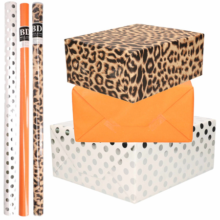 6x Rollen kraft inpakpapier/folie pakket - panterprint/oranje/wit met zilveren stippen 200 x 70 cm