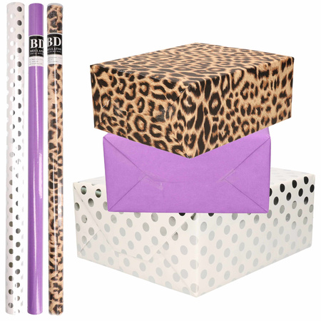 6x Rolls wrapping paper pack pantherprint/purple/white with silver dots 200 x 70 cm