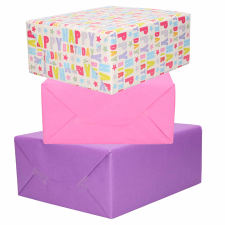 6x Rollen kraft inpakpapier roze/paars/happy birthday 200 x 70 cm