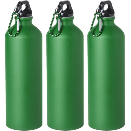 6x Pieces aluminum water bottle/drinking bottle green with screw cap and carabiner 800 ml