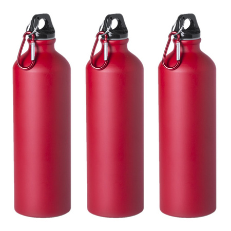 6x Pieces aluminum water bottle/drinking bottle red with screw cap and carabiner 800 ml