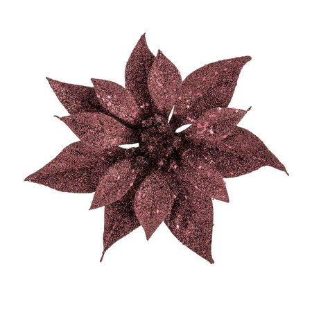 6x stuks decoratie bloemen kerstster donkerrood glitter op clip 18 cm