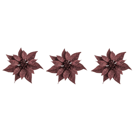 6x stuks decoratie bloemen kerstster donkerrood glitter op clip 18 cm