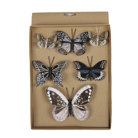 6x stuks Decoratie vlinders op clip 5, 8, 12 cm