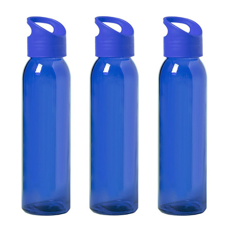 6x Stuks glazen waterfles/drinkfles blauw transparant met schroefdop met handvat 470 ml