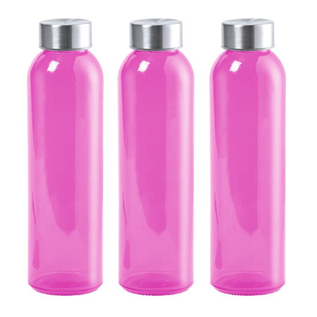 6x Stuks glazen waterfles/drinkfles fuchsia roze transparant met Rvs dop 550 ml