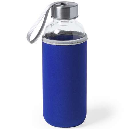 6x Stuks glazen waterfles/drinkfles met blauwe softshell bescherm hoes 420 ml