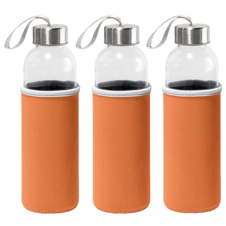6x Pieces glass water/drinking bottle with orange soft shell cover 520 ml