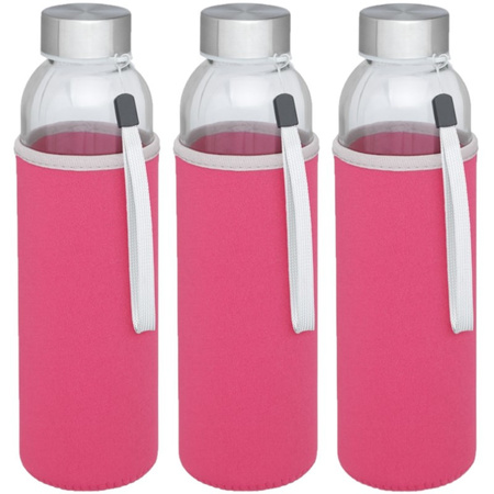 6x stuks glazen waterfles/drinkfles met roze softshell bescherm hoes 500 ml