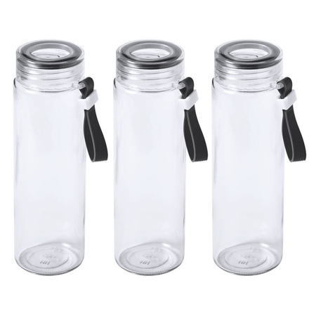 6x Stuks glazen waterfles/drinkfles transparant met schroefdop zwart handvat 420 ml