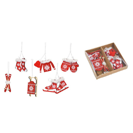 6x pcs wooden christmas tree decoration red/white wintersport theme