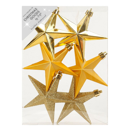 6x pcs plastic christmas tree decoration stars gold 10 cm