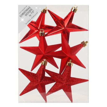 6x stuks kunststof kersthangers sterren rood 10 cm kerstornamenten