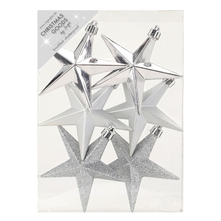 6x pcs plastic christmas tree decoration stars silver 10 cm