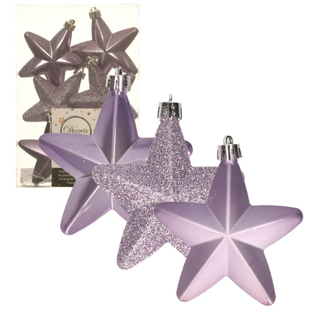 6x stuks kunststof sterren kersthangers heide lila paars 7 cm