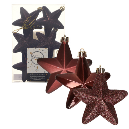 6x stuks kunststof sterren kersthangers mahonie bruin 7 cm