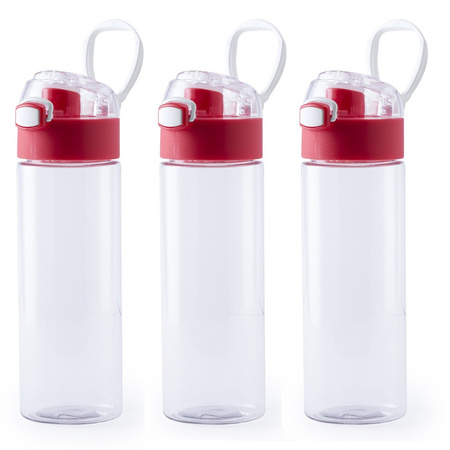 6x Pieces plastic water/drinking bottle transperent with red handle 580 ml